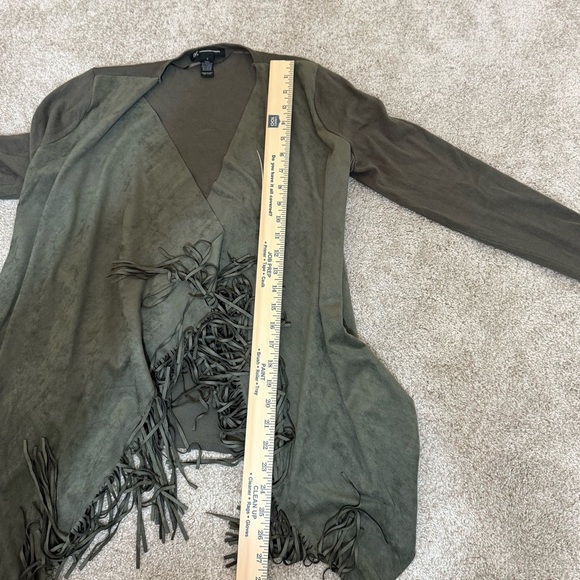 INC Olive Green Fringe Front Knit Long Sleeve Cardigan Sweater Size S Western - Picture 9 of 9
